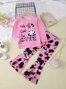 2pcs/Set Young Girl Casual Style English & Cow Pattern Long Sleeve Top & Cow Print Flare Pants Set, Autumn/Winter - Pink - View 1