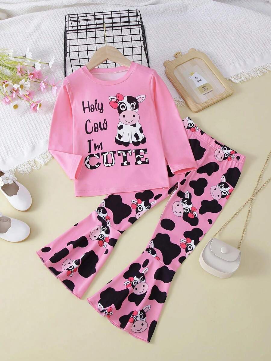 2pcs/Set Young Girl Casual Style English & Cow Pattern Long Sleeve Top & Cow Print Flare Pants Set, Autumn/Winter - Pink - View 1