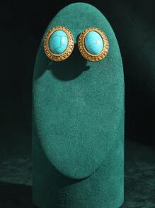 复古蓝色仿绿松石叶美人头硬币珍珠镶嵌水钻吊坠耳环，波西米亚风格珠宝 - 彩色 - 查看 5