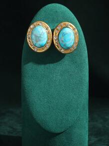 复古蓝色仿绿松石叶美人头硬币珍珠镶嵌水钻吊坠耳环，波西米亚风格珠宝 - 彩色 - 查看 4