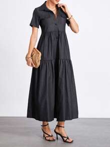 Women's Plus Size Denim Dress Short Sleeve Turn Down Collar Button Front Loose Swing Jean Dress