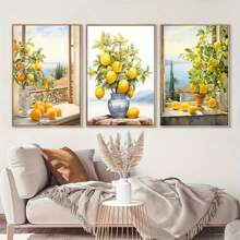 Tríptico de 3 piezas, Paisaje de Amalfi con limones, arte rural de granja, decoración de sala de estilo estético, arte de pared italiano, arte cítrico, decoración del hogar moderna, lienzo, póster de arte de pared - Multicolor - Ver 1