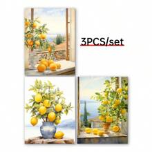Tríptico de 3 piezas, Paisaje de Amalfi con limones, arte rural de granja, decoración de sala de estilo estético, arte de pared italiano, arte cítrico, decoración del hogar moderna, lienzo, póster de arte de pared - Multicolor - Ver 6
