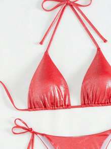 3pcs Red Sparkle Fabric Tie-Up Cover Up Swimwear Set Swimsuits And Swimming Trunks Cover Up, Summer Beach Vacation