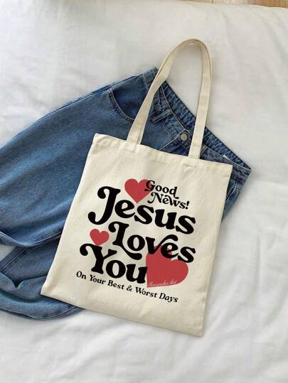 Good News! Jesus Loves You" Printed Tote Bag, Christian Tote Bag, Vintage Bible Verse Printed Tote Bag, Christian Gift, Large Capacity Fashionable And Durable Shoulder Bag, Suitable For Outdoor Picnic, Gathering, Travel, Shopping