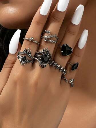 8 Pcs Antique Silver Gothic Goth Black Heart Branch Mushroom Skull Stacked Rings Set Valentines
