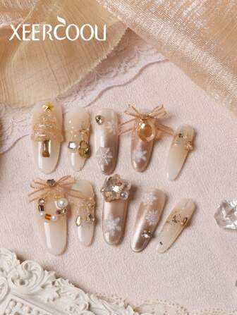 10 件重工业圣诞香槟色雪花冬季圣诞树渐变猫眼紫色奢华水钻纯手工制作长指甲按压指甲套装包括 1 张粘合标签和 1 个迷你锉刀指甲用品指甲