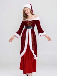 1 件套圣诞快乐服装套装，适合女性 COSPLAY 节日派对必备，包括圣诞帽、连衣裙、腰带，适合日常表演和派对万圣节 - 彩色 - 查看 2