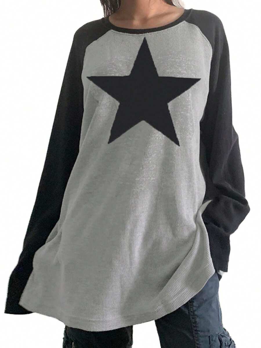 Women Pullover Sweatshirts Star Printed Loose Casual Round Neck Long Sleeve Tops Autumn Streetwear - Black - View 1
