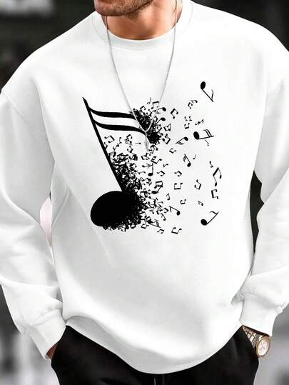 Plus Size Men's Note Printed Round Neck Long Sleeve Casual Sweatshirt, Autumn/Winter
