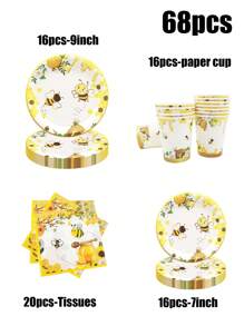 68件套，包括一次性纸盘、蜜蜂主题纸盘、7英寸纸盘、9英寸纸盘、一次性派对餐盘、纸盘 - 彩色 - 查看 8