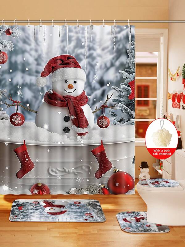 Conjunto de cortina de chuveiro com boneco de neve vermelho de Natal, 1/2/3/4 peças, com 12 ganchos e uma bola de chuveiro, cortina de chuveiro de poliéster impermeável e resistente a mofo, tapete antiderrapante para banheiro, tapete em U para vaso sanitário, capa protetora para vaso sanitário, conjunto decorativo para banheiro, sem necessidade de furadeira, vários tamanhos disponíveis, acessórios de decoração de outono para banheiro, volta às aulas