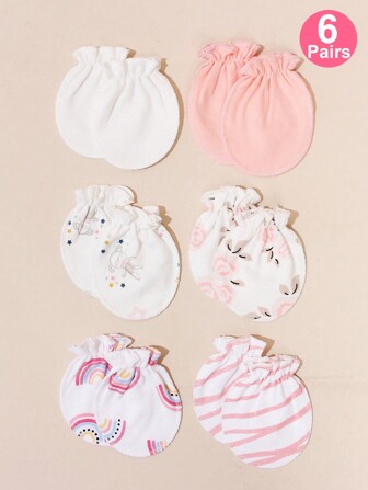 6 Pairs Rainbow Printed Newborn Baby Mittens, Floral Pattern Anti-Scratch Gloves For Infant All Seasons, Baby Essential