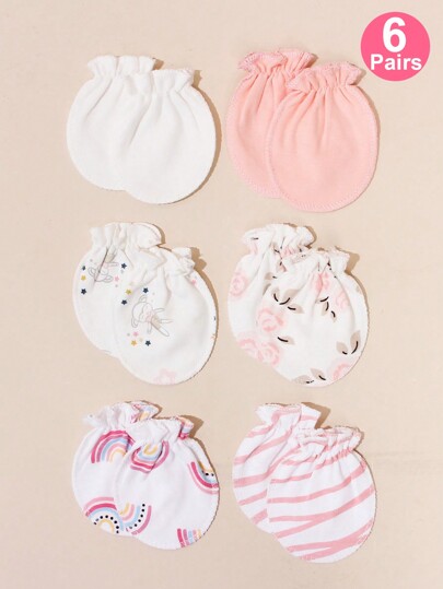 6 Pairs Rainbow Printed Newborn Baby Mittens, Floral Pattern Anti-Scratch Gloves For Infant All Seasons, Baby Essential