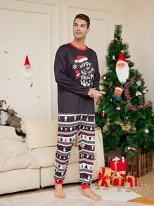 Set da 2 pigiami natalizi da uomo, con cappello da Babbo Natale e stampa di piccoli pupazzi di neve, top a maniche lunghe con collo tondo e pantaloni in nero, vestibilità comoda, adatto per autunno/inverno