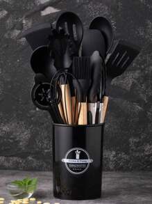 14pcs Silicone Kitchenware Set With Wooden Handle, Includes Storage Bucket