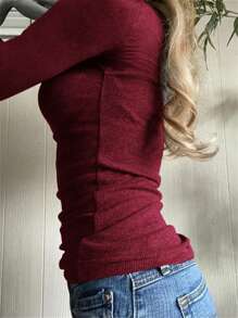 Damen T-Shirt Y2K Herbst Damen Schulanfang Kleidung Sexy Lässig einfarbig Spitze Spitze Quadratischer Ausschnitt Gestrickter Langarm-Oberteil