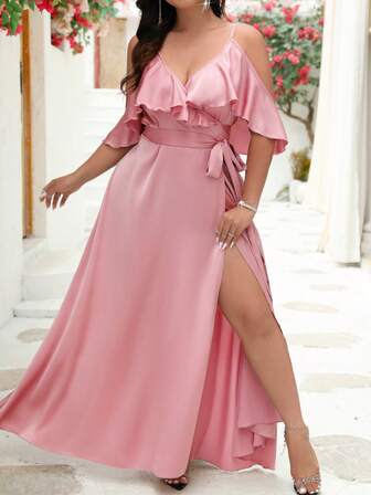 Plus Cold Shoulder Ruffle Trim Split Thigh Belted Satin Formal Dress, Party Dress, Wedding Guest Dress, Evening Dress