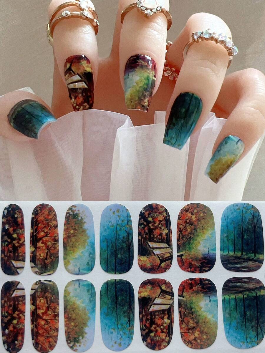 1 张秋季枫叶感恩节系列美甲贴纸，使用指甲锉轻松 DIY，装饰