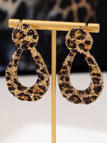 1 Cặp Hoa tai thả đơn giản thiết kế rỗng tối giản họa tiết kim loại - Màu da báo - Xem 2