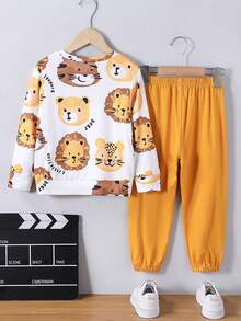 Bộ 2 món/Bộ đồ liền quần dài tay cổ tròn in hình động vật thường ngày cho bé trai, phù hợp mặc thường ngày, thể thao, hàng ngày, du lịch, đi học, ngoài trời, tiệc tùng, xuân thu - Màu vàng - Xem 2