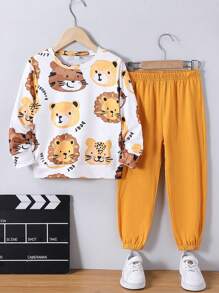 Bộ 2 món/Bộ đồ liền quần dài tay cổ tròn in hình động vật thường ngày cho bé trai, phù hợp mặc thường ngày, thể thao, hàng ngày, du lịch, đi học, ngoài trời, tiệc tùng, xuân thu - Màu vàng - Xem 1