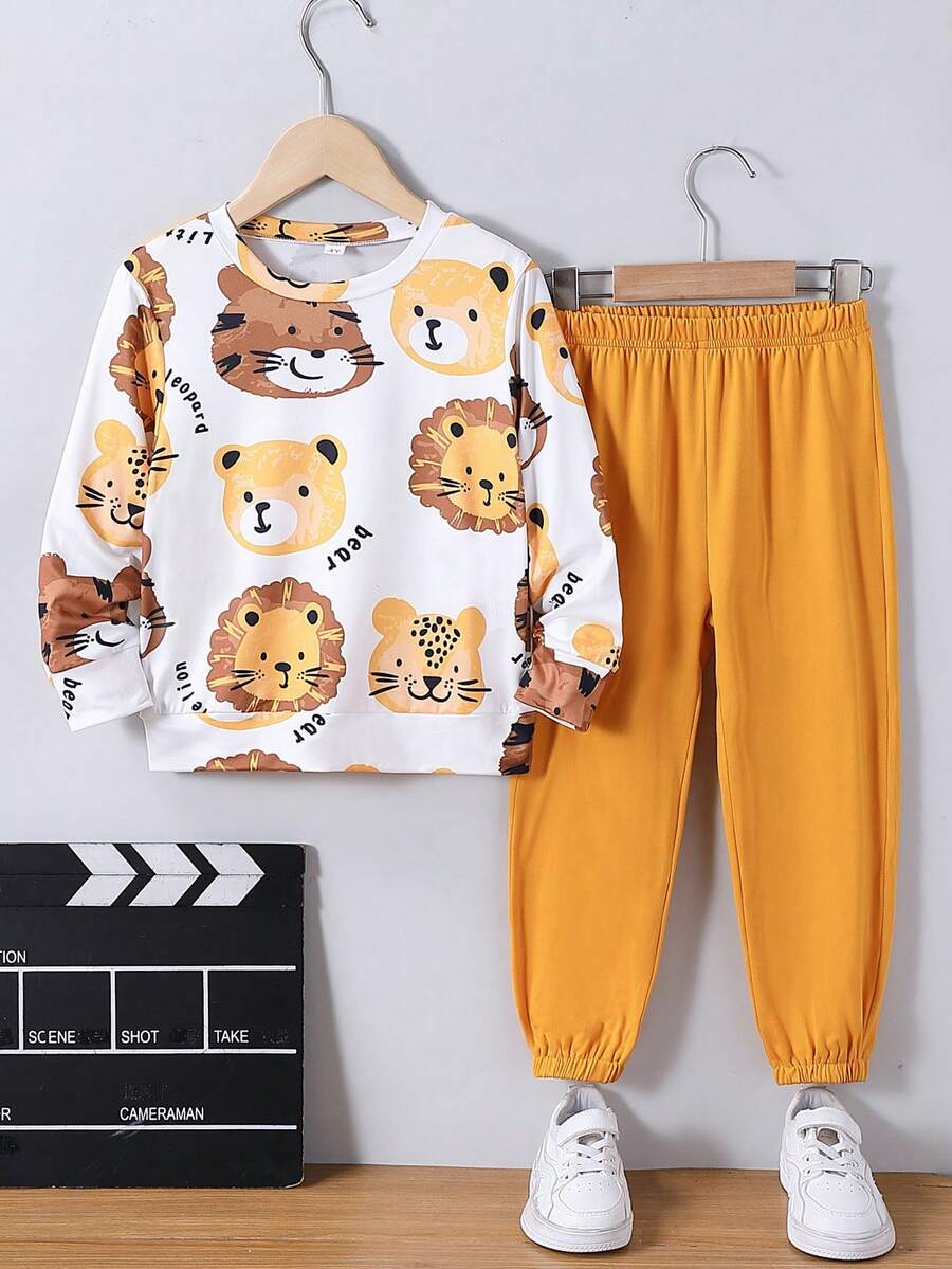 Bộ 2 món/Bộ đồ liền quần dài tay cổ tròn in hình động vật thường ngày cho bé trai, phù hợp mặc thường ngày, thể thao, hàng ngày, du lịch, đi học, ngoài trời, tiệc tùng, xuân thu - Màu vàng - Xem 1