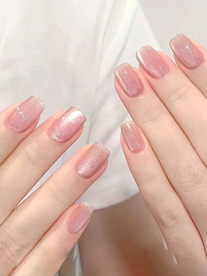10 Peças Conjunto de Unhas Postiças Curtas Quadradas Brilhantes, Design de Olho de Gato Rosa com Borda Alegre, Unhas Postiças Reutilizáveis para Mulheres e Meninas, Unhas Falsas de Olho de Gato Fofas e Curtas, Suprimentos de Unhas