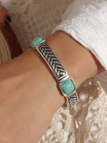 1 件复古波西米亚风格绿松石装饰弹性手链手镯女士 - 松石手鐲 - 查看 2