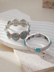 1 件复古波西米亚风格绿松石装饰弹性手链手镯女士 - 松石手鐲 - 查看 1