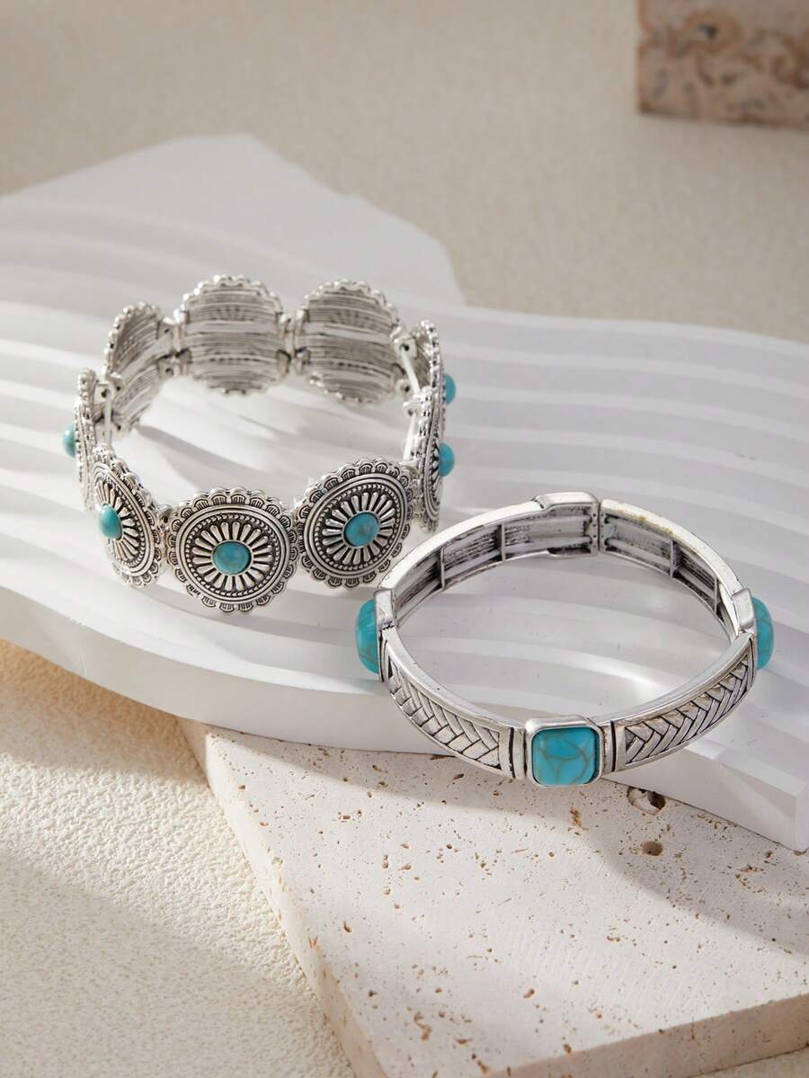 1 件复古波西米亚风格绿松石装饰弹性手链手镯女士 - 松石手鐲 - 查看 1