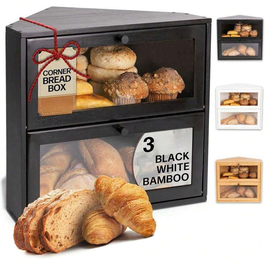 Corner Bread Box For Kitchen Countertop Extra Large Double Layer
