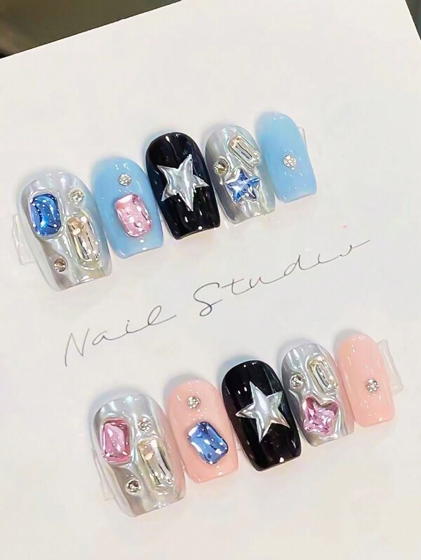 10 szt. ręcznie robionych paznokci prasowanych, urocze, słodkie i proste krótkie sztuczne paznokcie, świeże kremowe, niebiesko-żółte paznokcie, urocze, słodkie i fajne, wielokrotnego użytku sztuczne paznokcie w mieniących się kolorach, zdobienie paznokci na urodziny, święta, imprezy, wydarzenia, prezent dla dziewcząt i kobiet, paznokcie prasowane, artykuły do paznokci, paznokcie