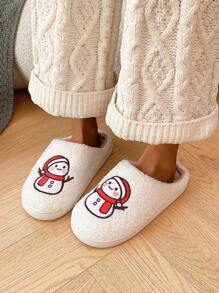Nuevos Pantuflas suaves y cómodas con estampado bordado de muñeco de nieve para invierno - Blanco - Ver 5