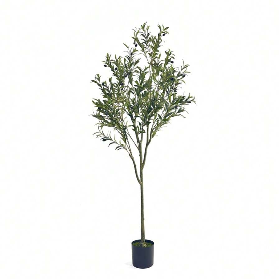 Artificial Olive Tree, 5.9ft Tall Fake Potted Olive Silk Tree With Planter, Large Faux Olive Branches Artificial Tree For Indoor Home Office Living Room Decoration - 綠色 - 查看 1