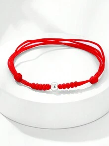 HuooNew 1 chiếc vòng tay chuỗi hạt dệt màu đỏ đơn giản có thể điều chỉnh bằng bạc Sterling 925, trang sức Unisex để đeo hàng ngày - Bạc - Xem 2
