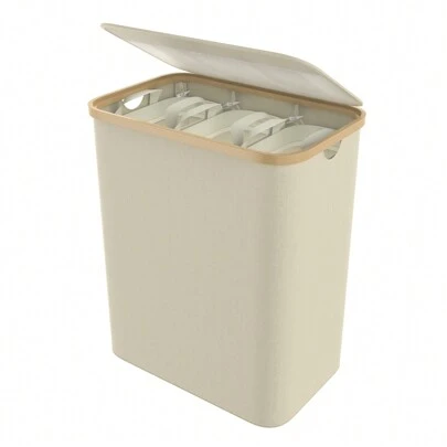 LILIIN wasmand, opvouwbare waskist 3 compartimenten, 140L wasmand met deksel voor badkamer en slaapkamer, robuuste mand met handvatten en 3 wasbare waszakken