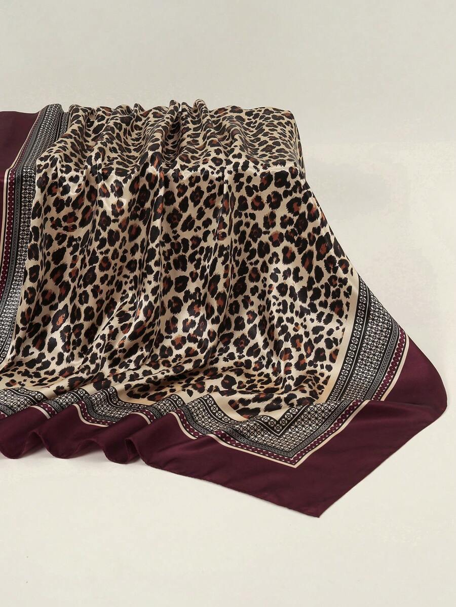 1pc Women's Fashion Summer Chain Leopard Print 90cm Square Scarf, Versatile Bandana Headwrap, Suitable For Daily Wear - 01-wine Red - View 1