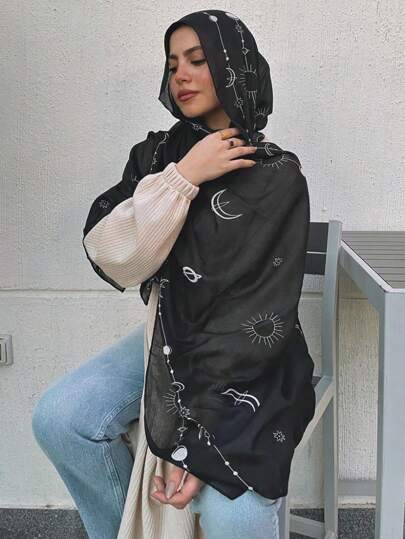 1pc Casual Elegant Ditsy Floral Pattern Polyester Breathable Lightweight Comfortable Chiffon Hijab/Head Wrap, Suitable For All Seasons