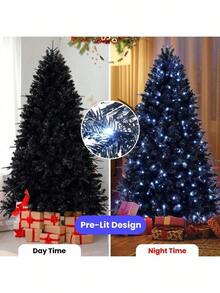 7.5ft Pre-Lit Black Christmas Tree, Full Halloween Xmas Artificial Tree 2156 Branch Tips, 500 Lights, Metal Hinges, Foldable Base, Holiday Decoration - Black - US A Type Plug(110-127V) - View 10
