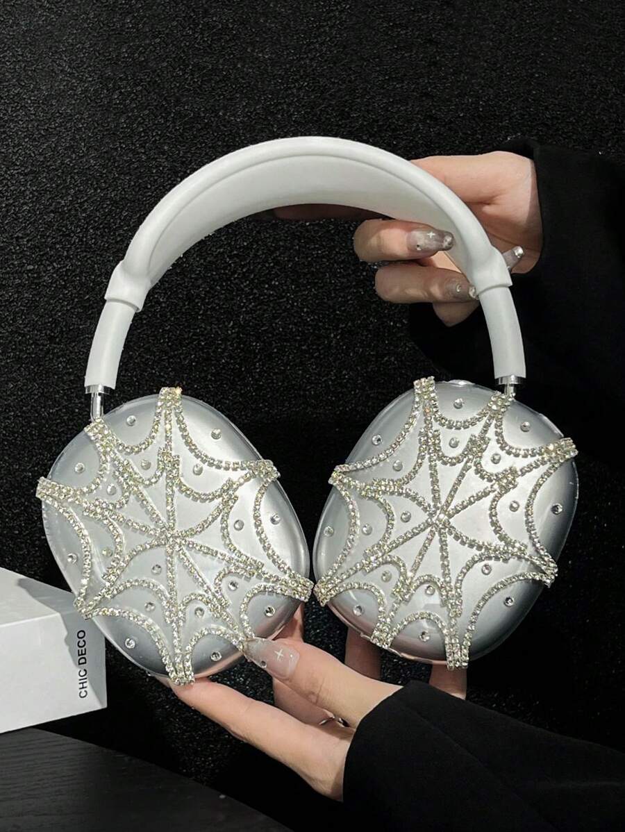 1 Pair Rhinestone Studded Spider Web Transparent TPU Anti-Scratch Earphone Case, Suitable For AirpodsMax Headphones - Clear - View 1