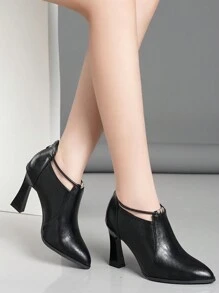 Women's Pointed Toe High Heel Pumps, Black Chunky Heel Slip-On Dress Shoes With Rhinestone Decor, Slip Resistant & Durable, Rear Zipper