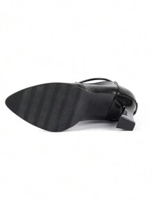Women's Pointed Toe High Heel Pumps, Black Chunky Heel Slip-On Dress Shoes With Rhinestone Decor, Slip Resistant & Durable, Rear Zipper