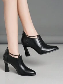 Women's Pointed Toe High Heel Pumps, Black Chunky Heel Slip-On Dress Shoes With Rhinestone Decor, Slip Resistant & Durable, Rear Zipper