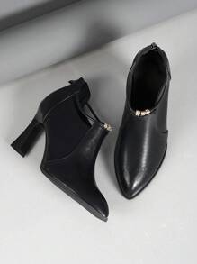 Women's Pointed Toe High Heel Pumps, Black Chunky Heel Slip-On Dress Shoes With Rhinestone Decor, Slip Resistant & Durable, Rear Zipper