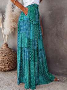 Women's Boho Maxi Skirts Vintage Floral Elastic High Waist A-Line Flowy Skirts Tiered Long Swing Skirts With Pockets Casual Bohemian Clothes For Summer Holiday Beach Vacation Outfit - 綠色 - 查看 3