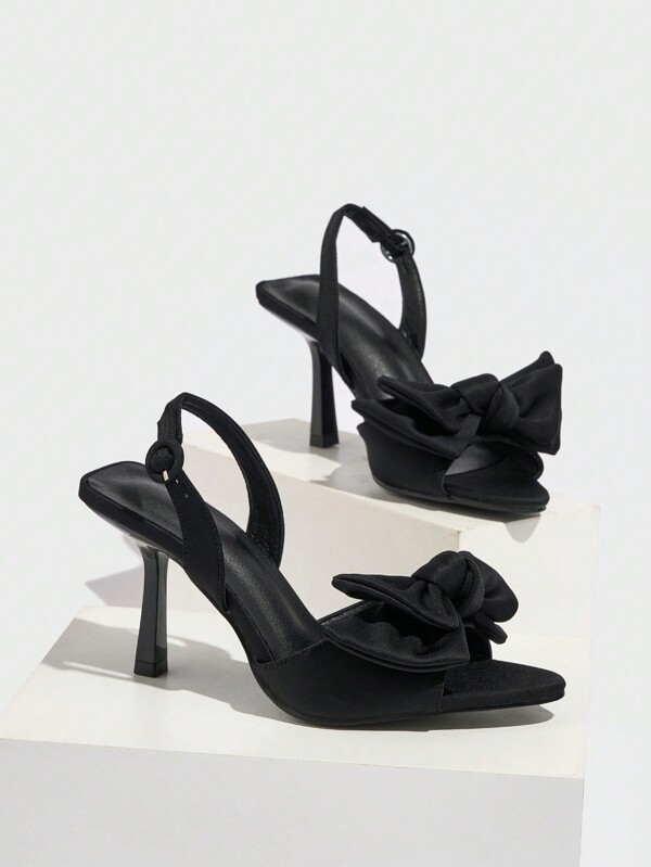 1pair Women's Bow Decor Pointed Toe Slim Heel Back Strap Sandals, Satin Fabric, Party Style, For Summer And Autumn