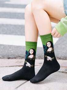 1 Pair Unisex Colorful Funny Crew Socks Painting Patterned Famous Art Socks Printed Cool Novelty Fun Dress Socks For Women, Fall