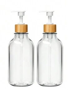 Badezimmer Seifenspender Set, 500ml flüssige Handseife & Lotionspender Set (Mit Bambusplatte), Badezimmer Seifenspender Set (Mit Pumpe), Bauernhaus Stil Badezimmer Deko, Boho Stil Badezimmer Accessoires (Klar), Spülmittel, Handdesinfektionsspray, Flüssige Duschgel - Verschiedenfarbig - Übersicht 5