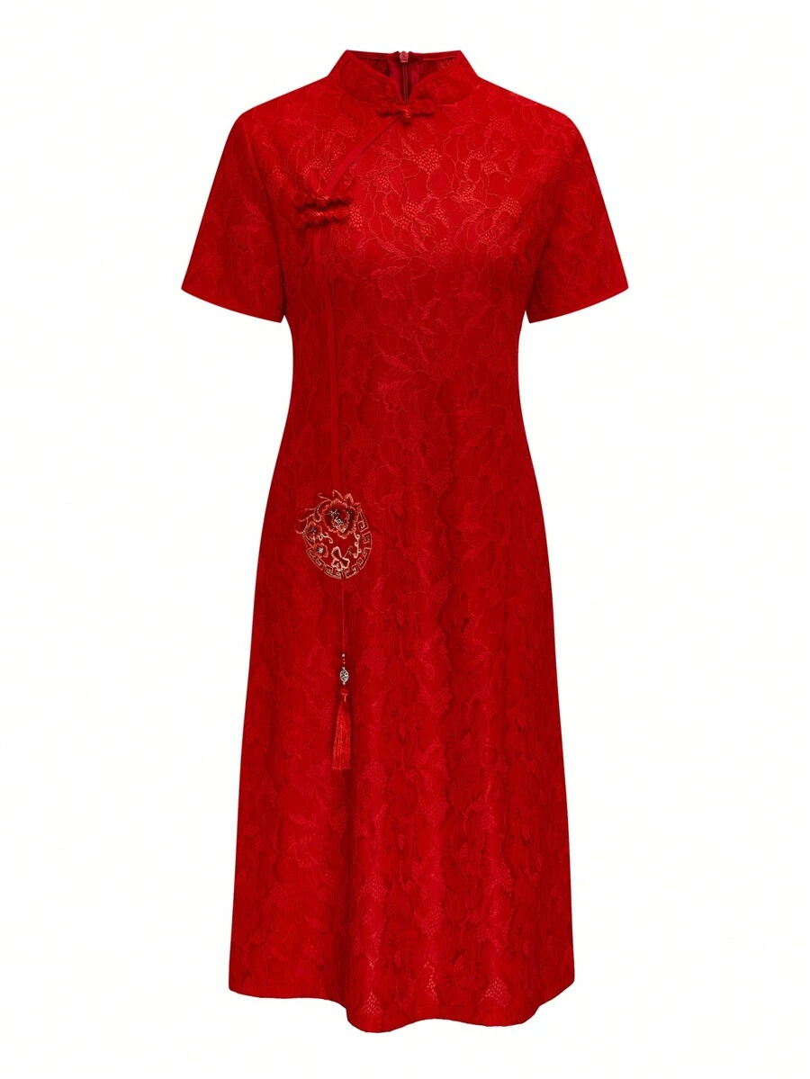 新款时尚红色旗袍中式连衣裙，年轻女士高端优雅婚礼、订婚派对服装